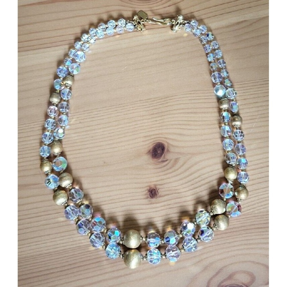 Vintage Hattie Carnegie Double Strand AB Glass & Matte Gold Beads Necklace 18"